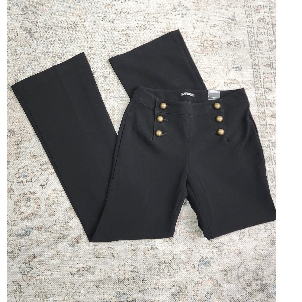 Express Black Sailor Flared Pants Preppy Nautical Mid Rise Button Office Work 2R